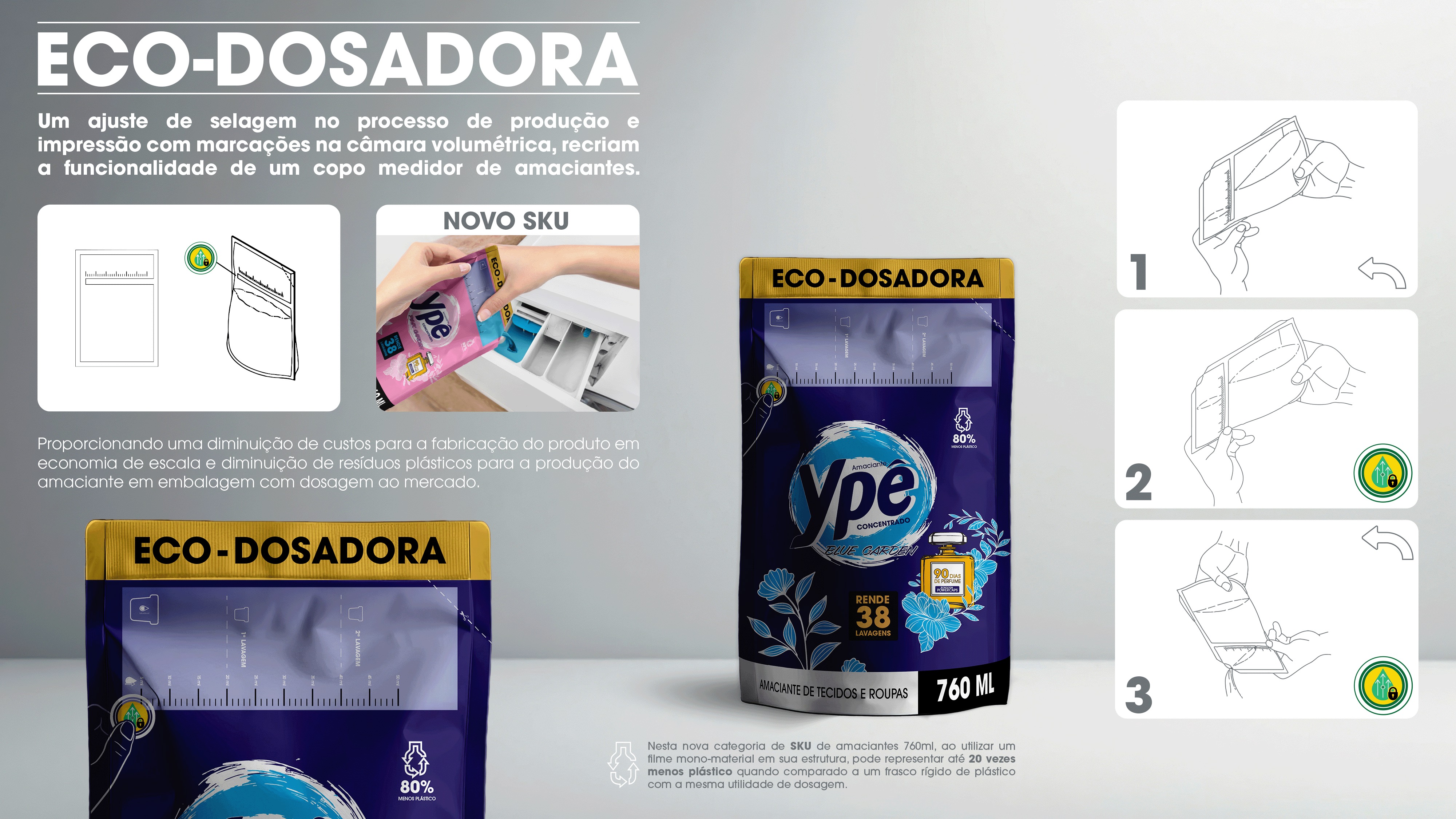 <span style = 'font-size:120%; font-weight: bold;'>Embalagem Eco-Dosadora</span><br>Este conceito de embalagem flexível surgiu em um estágio no P&D da empresa familiar, alinhado à tendência de redução de ...