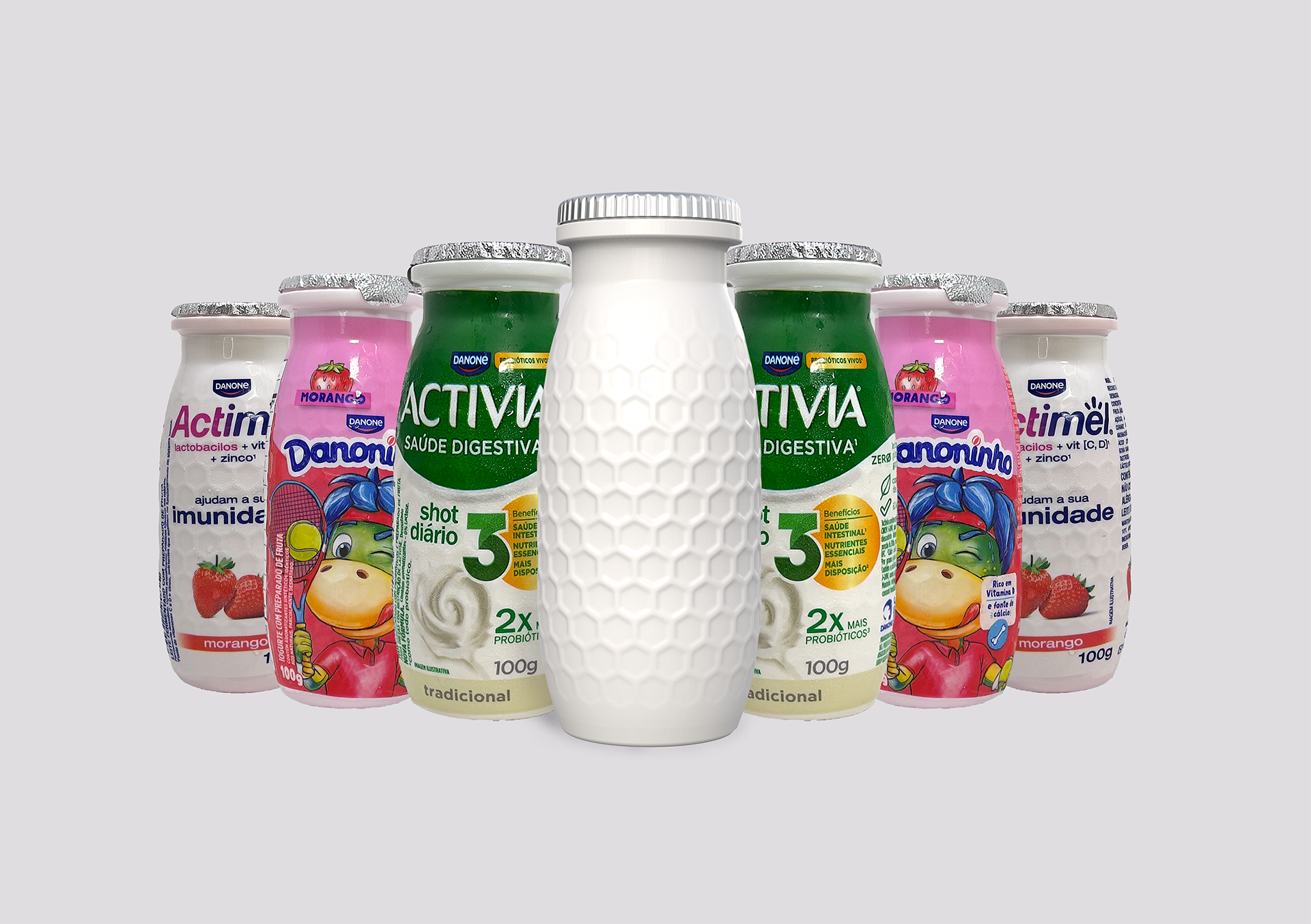 <span style = 'font-size:120%; font-weight: bold;'>Frasco Danone 100g - Biomimética Colmeia</span><br>Projeto colaborativo da Danone e fornecedores para redesenhar a embalagem de 100g das marcas Danoninho, Actimel e Activi...